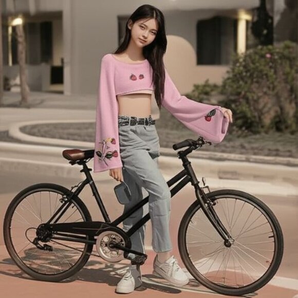Kawaii Strawberry Embroidery Super Crop Sweater - Picture 1 of 5